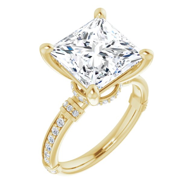 10K Yellow Gold Customizable Princess/Square Cut Style featuring Under-Halo, Shared Prong and Quad Horizontal Band Accents
