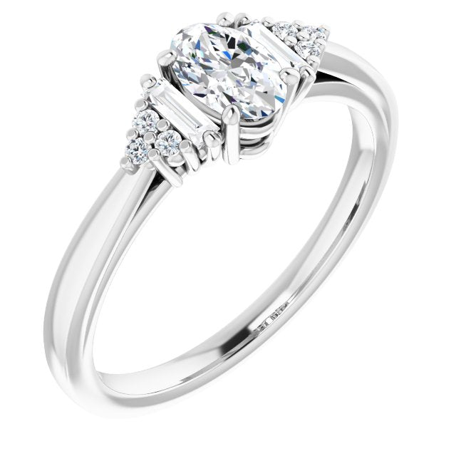 10K White Gold Customizable 9-stone Design with Oval Cut Center, Side Baguettes and Tri-Cluster Round Accents