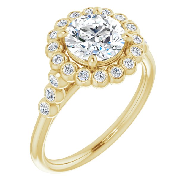 18K Yellow Gold Customizable Round Cut Cathedral-Style Clustered Halo Design with Round Bezel Accents