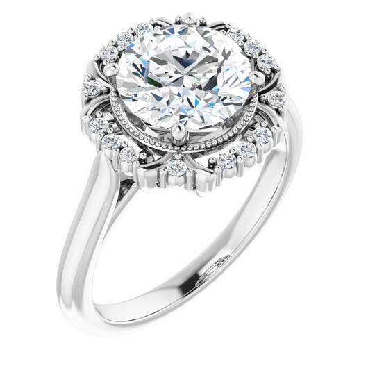 10K White Gold Customizable Round Cut Design with Majestic Crown Halo and Raised Illusion Setting