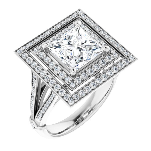 Cubic Zirconia Engagement Ring- The Chaunte (Customizable Cathedral-set Princess/Square Cut Design with Double Halo, Wide Split-Shared Prong Band and Side Knuckle Accents)