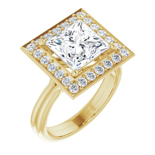 10K Yellow Gold Customizable Cluster-Halo Accented Princess/Square Cut Style with Tapered Dual Band