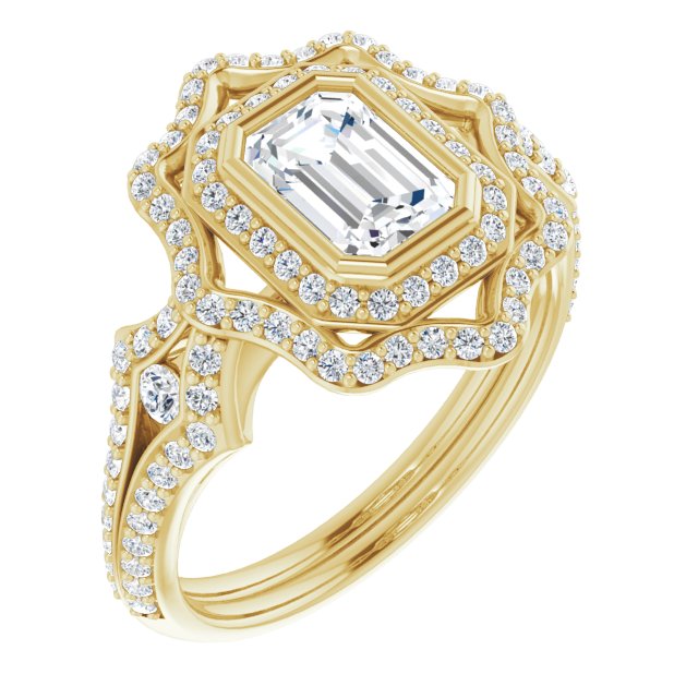10K Yellow Gold Customizable Emerald/Radiant Cut Style with Ultra-wide Pavé Split-Band and Nature-Inspired Double Halo