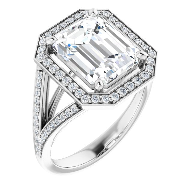 10K White Gold Customizable Cathedral-Halo Emerald/Radiant Cut Style featuring Split-Shared Prong Band