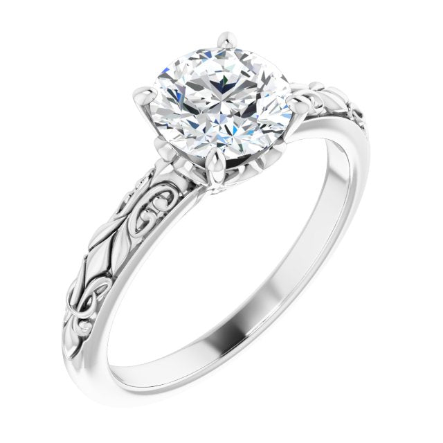 10K White Gold Customizable Round Cut Solitaire featuring Delicate Metal Scrollwork