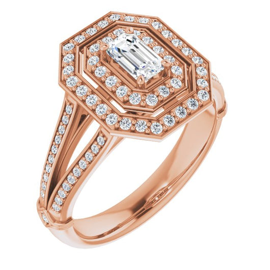 10K Rose Gold Customizable Cathedral-set Emerald/Radiant Cut Design with Double Halo, Wide Split-Shared Prong Band and Side Knuckle Accents