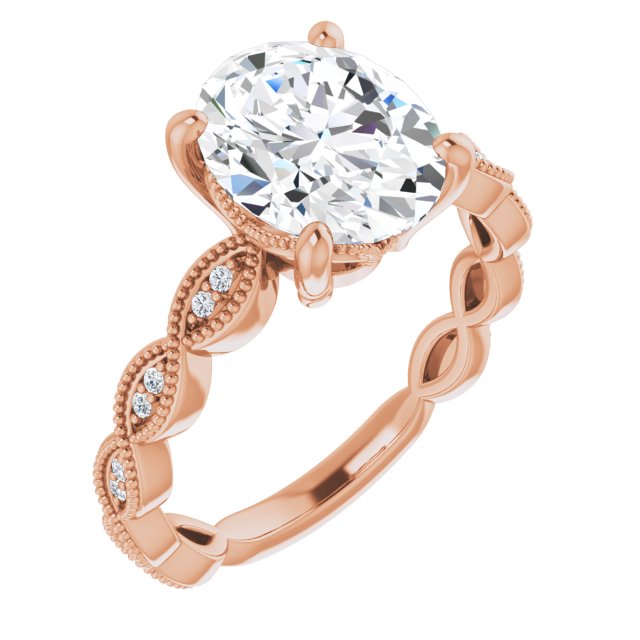 10K Rose Gold Customizable Oval Cut Artisan Design with Scalloped, Round-Accented Band and Milgrain Detail