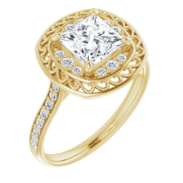 10K Yellow Gold Customizable Cathedral-style Princess/Square Cut featuring Cluster Accented Filigree Setting & Shared Prong Band