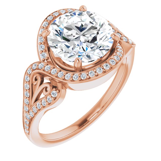 14K Rose Gold Customizable Round Cut Design with Bypass Halo and Split-Shared Prong Band