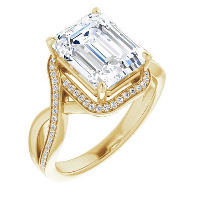 10K Yellow Gold Customizable Bypass-Halo-Accented Emerald/Radiant Cut Center with Twisting Split Shared Prong Band