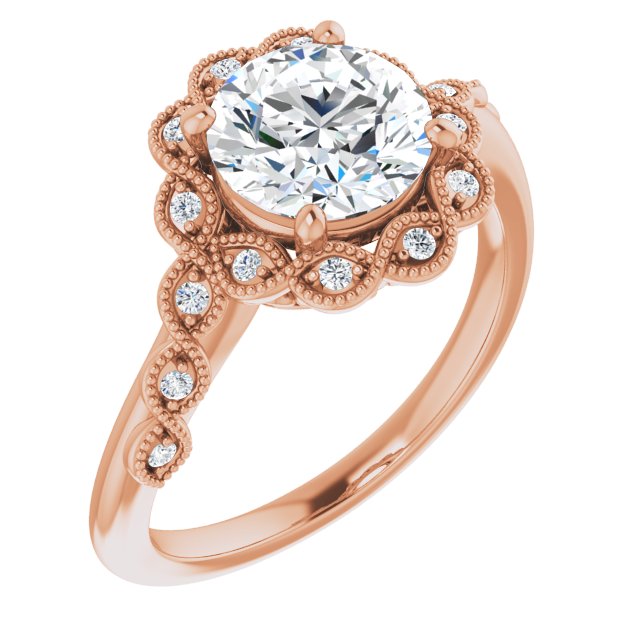 10K Rose Gold Customizable 3-stone Design with Round Cut Center and Halo Enhancement