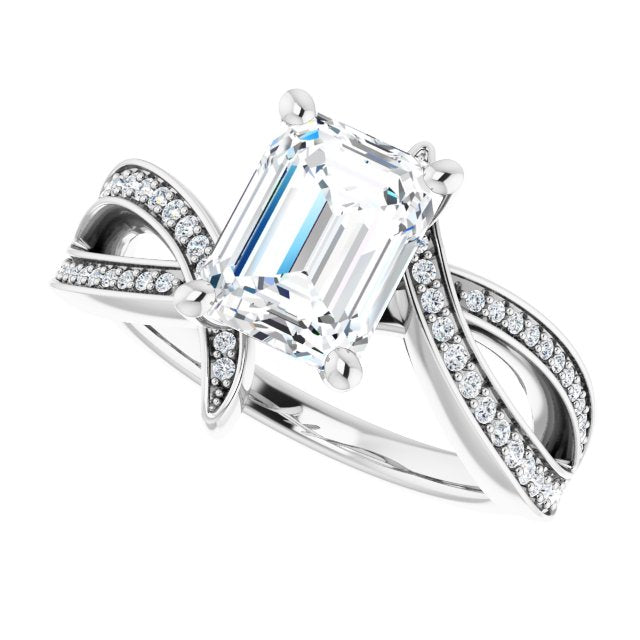Cubic Zirconia Engagement Ring- The Vada (Customizable Emerald Cut Design with Swooping Shared Prong Bypass Band)