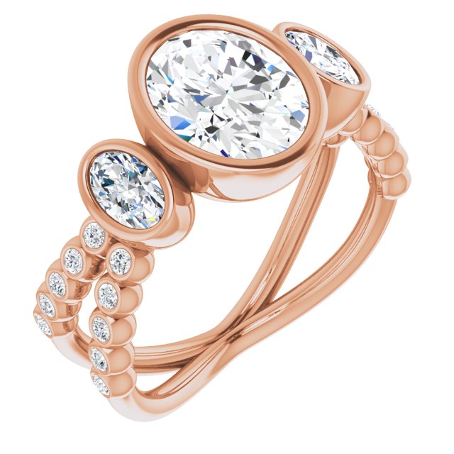 10K Rose Gold Customizable Bezel-set Oval Cut Design with Dual Bezel-Oval Accents and Round-Bezel Accented Split Band