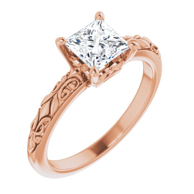 10K Rose Gold Customizable Princess/Square Cut Solitaire featuring Delicate Metal Scrollwork
