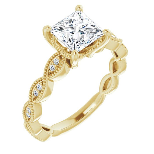 10K Yellow Gold Customizable Princess/Square Cut Artisan Design with Scalloped, Round-Accented Band and Milgrain Detail