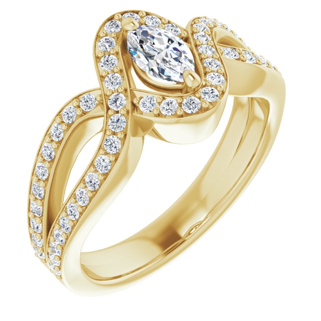 10K Yellow Gold Customizable Marquise Cut Center with Infinity-inspired Split Shared Prong Band and Bypass Halo