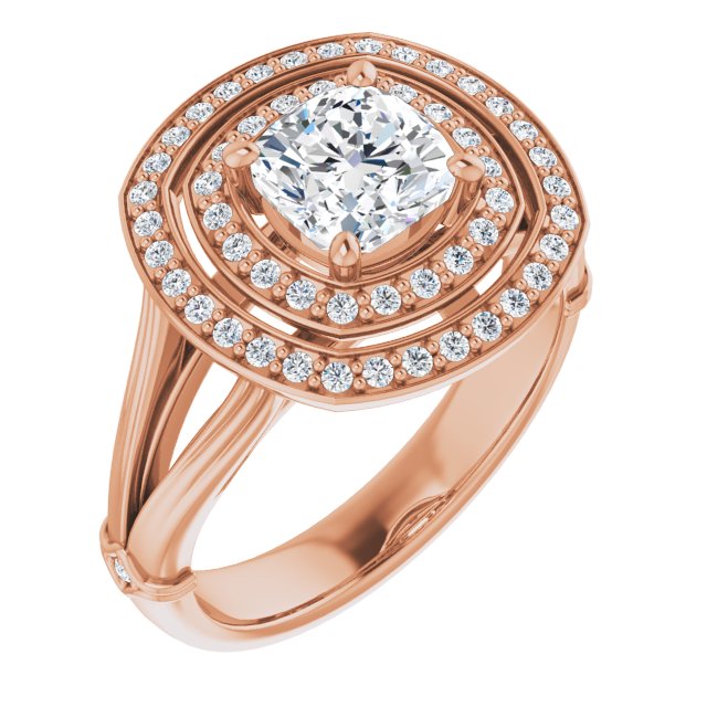 10K Rose Gold Customizable Cathedral-set Cushion Cut Design with Double Halo, Wide Split Band and Side Knuckle Accents