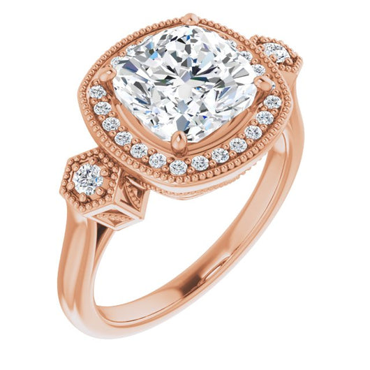 10K Rose Gold Customizable Cathedral Cushion Cut Design with Halo and Delicate Milgrain