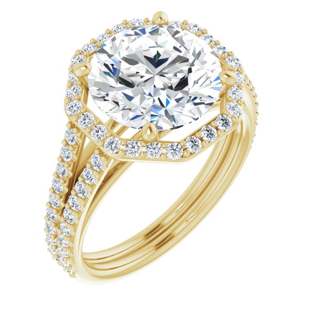 10K Yellow Gold Customizable Cathedral Round Cut Design with Geometric Halo & Split Pavé Band