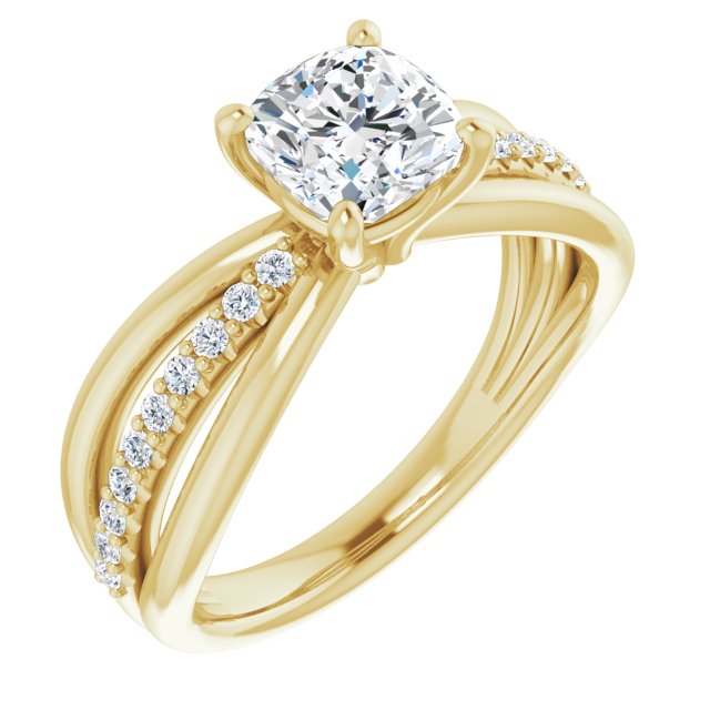 10K Yellow Gold Customizable Cushion Cut Design with Tri-Split Accented Band