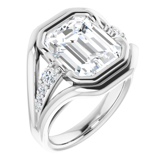 10K White Gold Customizable 9-stone Emerald/Radiant Cut Design with Bezel Center, Wide Band and Round Prong Side Stones