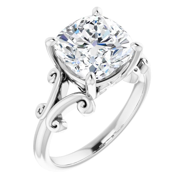 10K White Gold Customizable Cushion Cut Solitaire with Band Flourish and Decorative Trellis