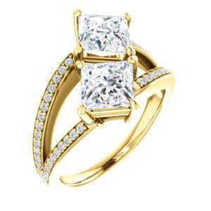 Cubic Zirconia Engagement Ring- The Valentina (Customizable 2-stone Double Princess Cut Design with Wide Split-Pavé Band)