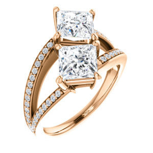 Cubic Zirconia Engagement Ring- The Valentina (Customizable 2-stone Double Princess Cut Design with Wide Split-Pavé Band)