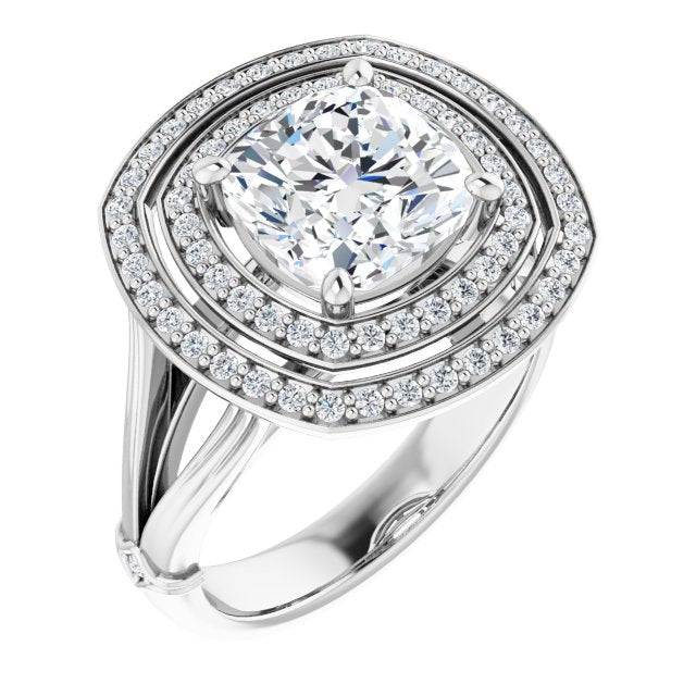 10K White Gold Customizable Cathedral-set Cushion Cut Design with Double Halo, Wide Split Band and Side Knuckle Accents