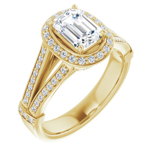 10K Yellow Gold Customizable Emerald/Radiant Cut Setting with Halo, Under-Halo Trellis Accents and Accented Split Band