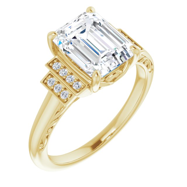 10K Yellow Gold Customizable Engraved Design with Emerald/Radiant Cut Center and Perpendicular Band Accents