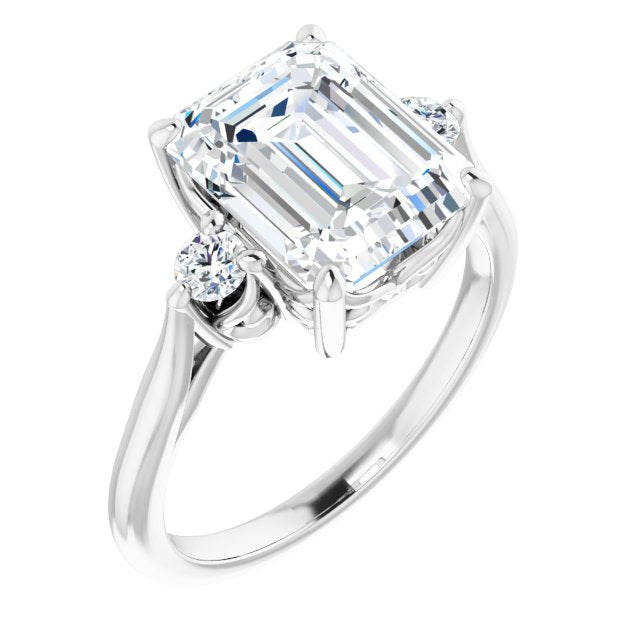10K White Gold Customizable Three-stone Emerald/Radiant Cut Design with Small Round Accents and Vintage Trellis/Basket