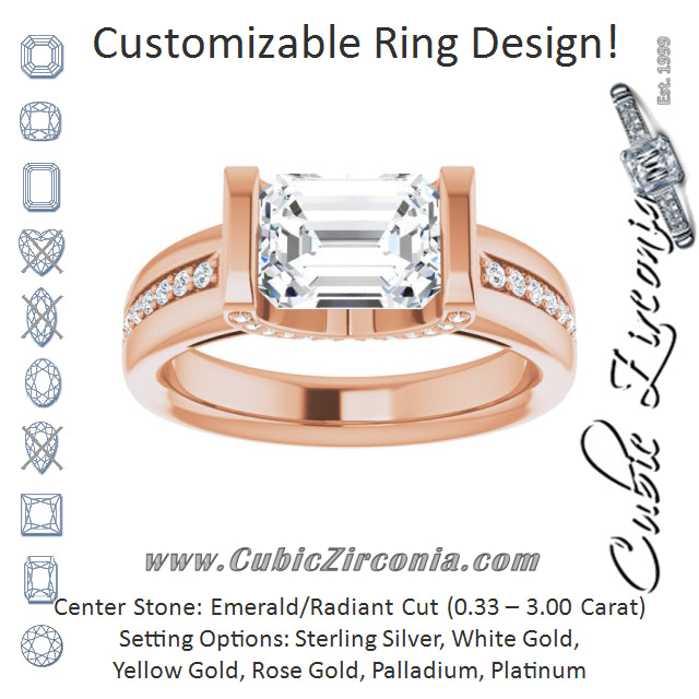 Cubic Zirconia Engagement Ring- The Maryana (Customizable Cathedral-Bar Emerald Cut Design featuring Shared Prong Band and Prong Accents)