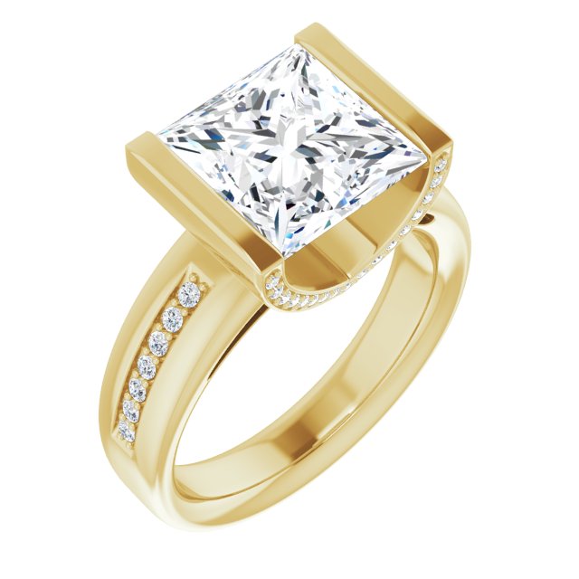10K Yellow Gold Customizable Cathedral-Bar Princess/Square Cut Design featuring Shared Prong Band and Prong Accents