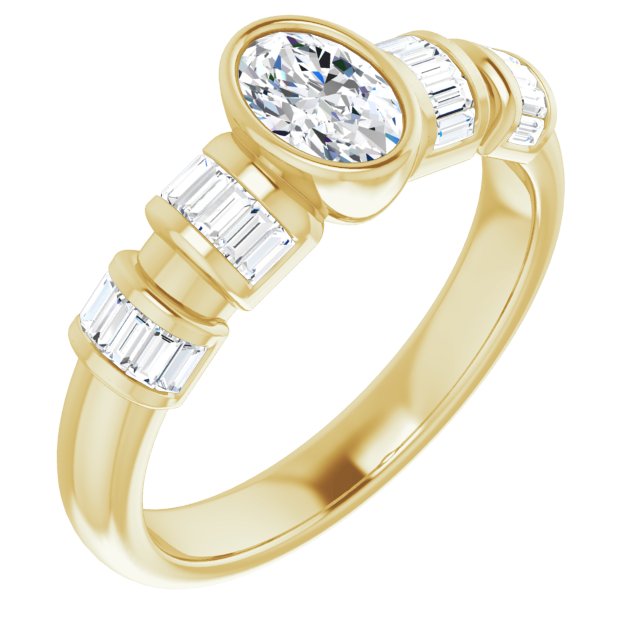 10K Yellow Gold Customizable Bezel-set Oval Cut Design with Quad Horizontal Band Sleeves of Baguette Accents