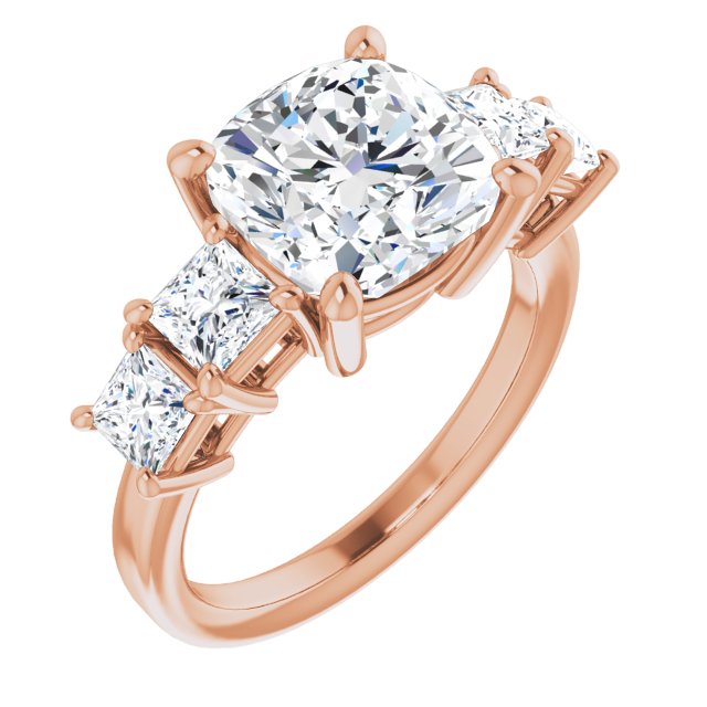 10K Rose Gold Customizable 5-stone Cushion Cut Style with Quad Princess-Cut Accents