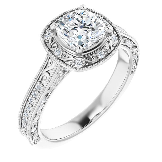 10K White Gold Customizable Vintage Artisan Cushion Cut Design with 3-Sided Filigree and Side Inlay Accent Enhancements