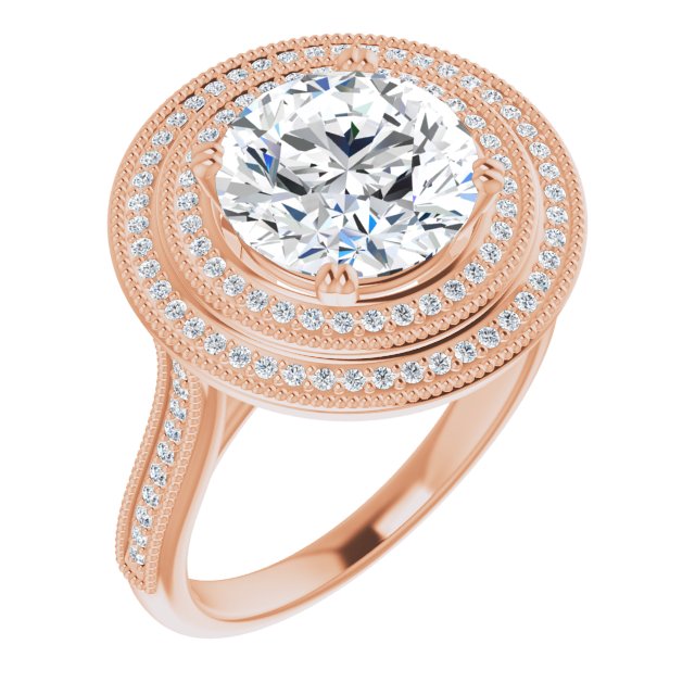 14K Rose Gold Customizable Round Cut Design with Elegant Double Halo, Houndstooth Milgrain and Band-Channel Accents