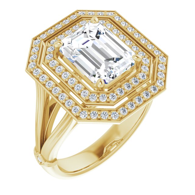 10K Yellow Gold Customizable Cathedral-set Emerald/Radiant Cut Design with Double Halo, Wide Split Band and Side Knuckle Accents