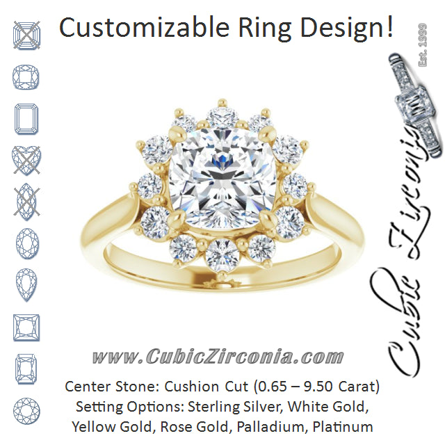 Cubic Zirconia Engagement Ring- The Honoka (Customizable Crown-Cathedral Cushion Cut Design with Clustered Large-Accent Halo & Ultra-thin Band)