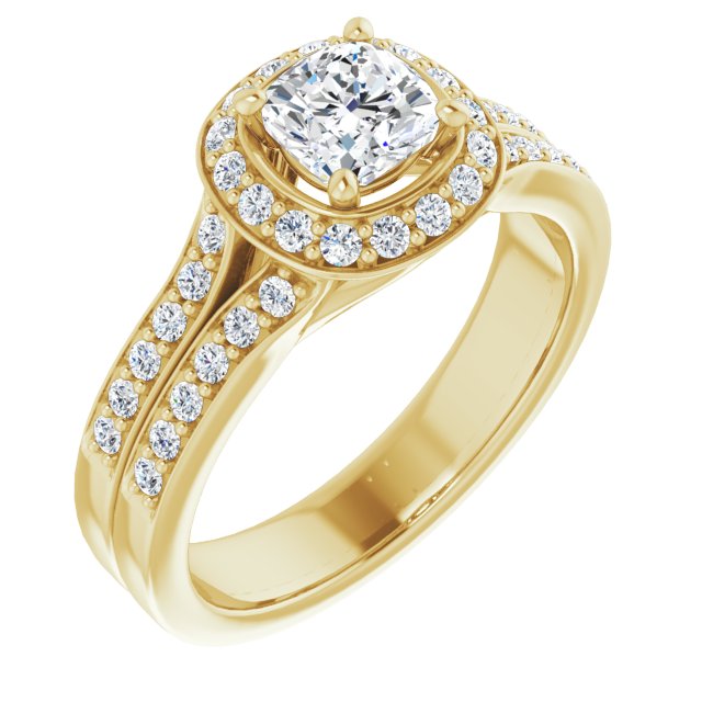 10K Yellow Gold Customizable Cushion Cut Halo Style with Accented Split-Band