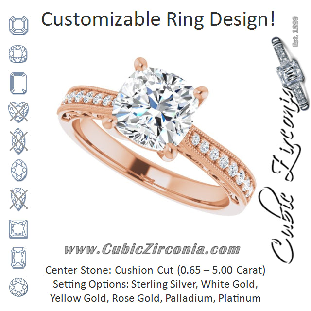Cubic Zirconia Engagement Ring- The Lina (Customizable Cushion Cut Design with Round Band Accents and Three-sided Filigree Engraving)