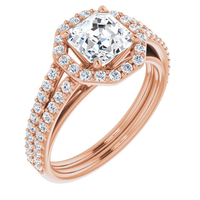 10K Rose Gold Customizable Cathedral Asscher Cut Design with Geometric Halo & Split Pavé Band