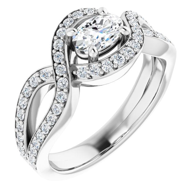 10K White Gold Customizable Oval Cut Center with Infinity-inspired Split Shared Prong Band and Bypass Halo