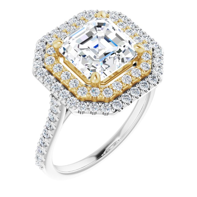 14K White & Yellow Gold Customizable Double-Halo Asscher Cut Design with Accented Split Band