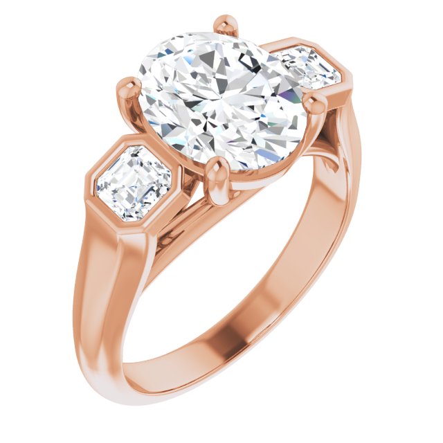10K Rose Gold Customizable 3-stone Cathedral Oval Cut Design with Twin Asscher Cut Side Stones