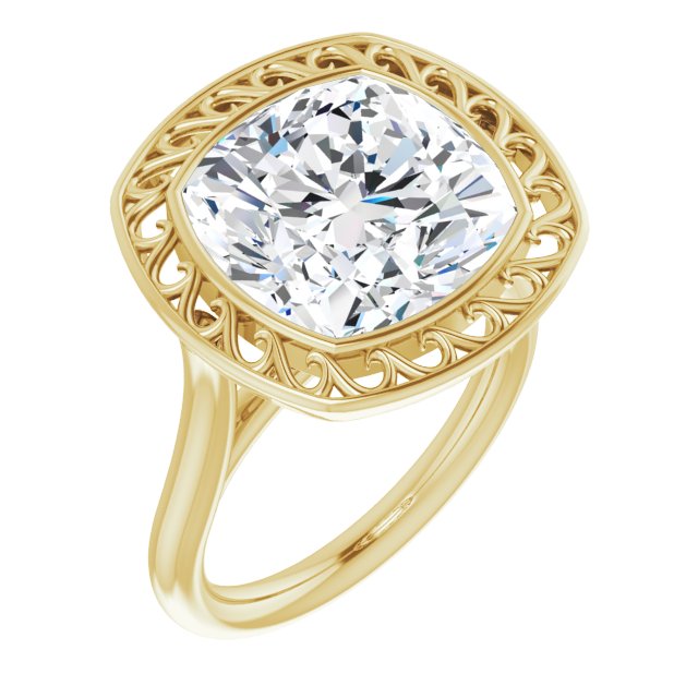 10K Yellow Gold Customizable Cathedral-Bezel Style Cushion Cut Solitaire with Flowery Filigree