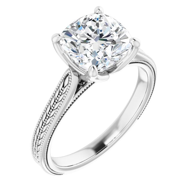 10K White Gold Customizable Cushion Cut Solitaire with Wheat-inspired Band 