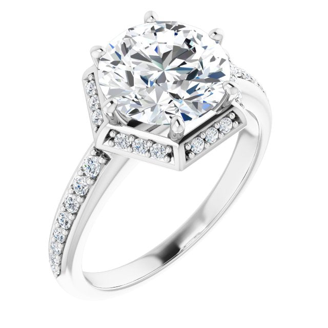 14K White Gold Customizable Round Cut Design with Geometric Under-Halo and Shared Prong Band