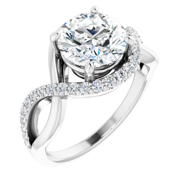 Cubic Zirconia Engagement Ring- The Kwan Lee (Customizable Round Cut Design with Semi-Accented Twisting Infinity Bypass Split Band and Half-Halo)